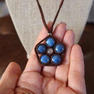 Danielle Welmond necklace in 5 lapis, moonstone and brown leather/suede $220 EUC